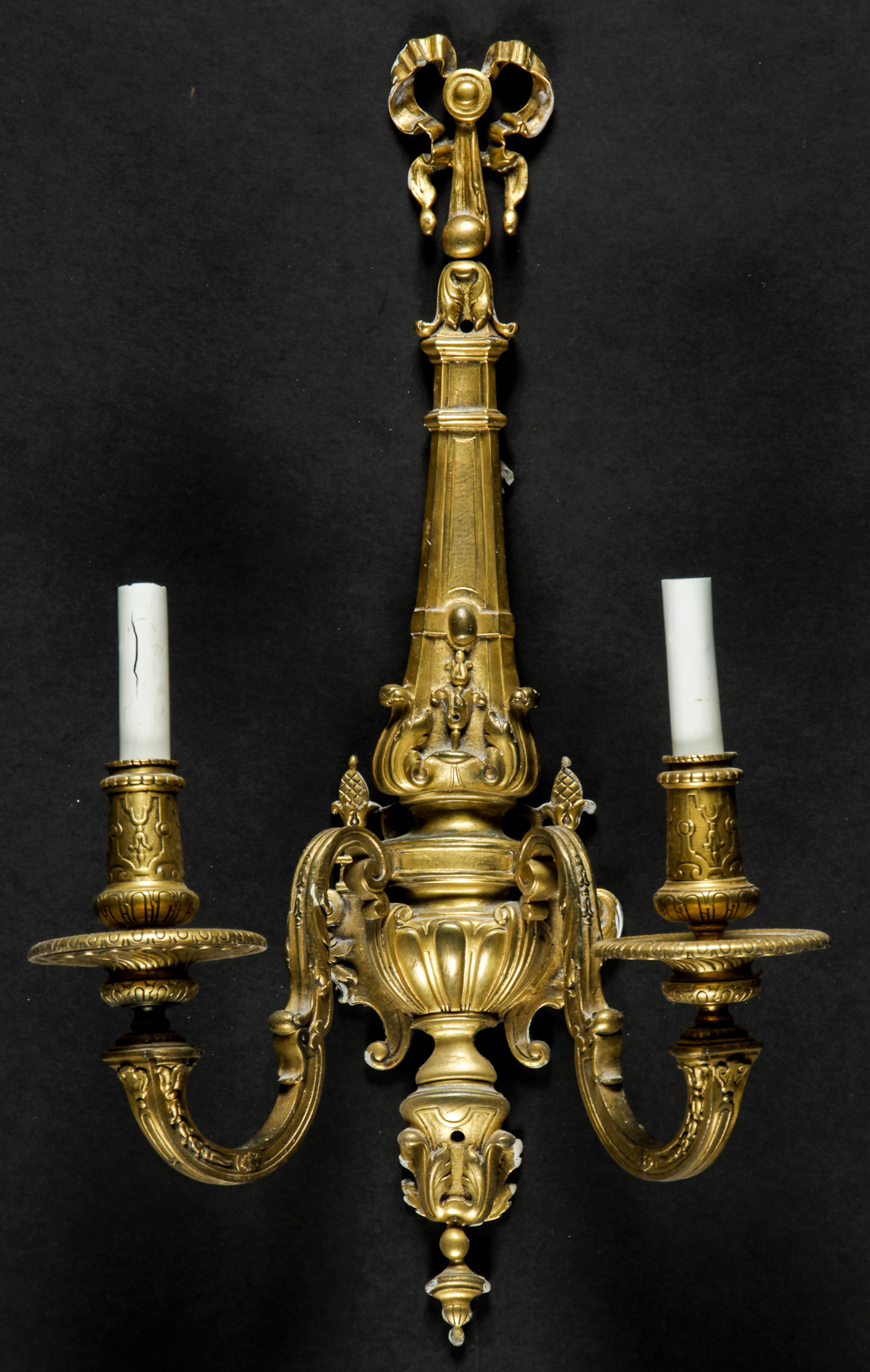 Pair Regency Style Gilt Bronze Sconces. Each Size: 21" x 12.5" x 7" (53 x 32 x 18 cm). Provenance: - Image 2 of 4