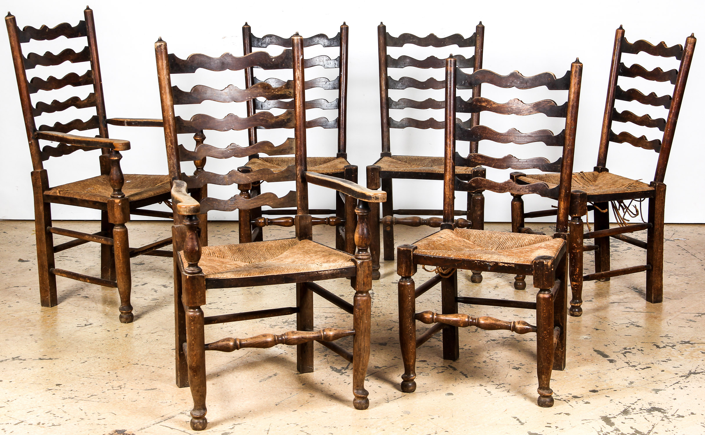 6 Antique Queen Anne Style Ladder Back Chairs. Each Size: 42.5" x 23.5" x 21.5" (108 x 60 x 55