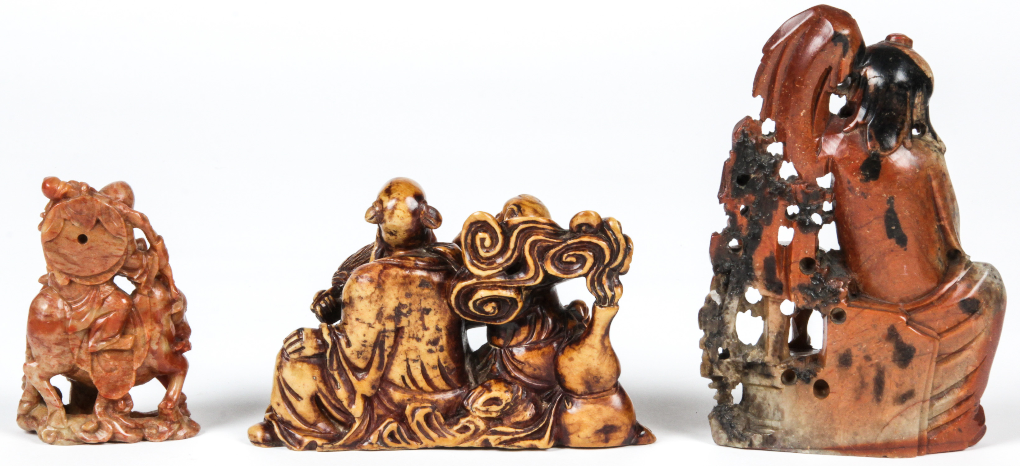 3 Chinese Stone Carvings, Qing Dynasty:  Including a  carved grouping depicting a seated Shoulao - Image 3 of 4