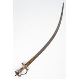 A Mughal sword with gold on copper inlaid to hilt. 17th / 18th century. Size: 36" x 2.5" x 8" (91