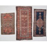 3 Antique Persian Rugs: including a West Persian Kurd, an anchor medallion blue field Bidjar, and an