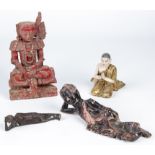 4 Buddha Figures. Consisting of  2 reclining figures one of which is cast metal and 2 carved wood