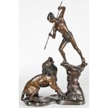 43" Bronze Figural Sculpture of a Hunter and Lion. Size: 43"H x 29"W x 13"D, 109 x 74 x 33 cm. CLICK