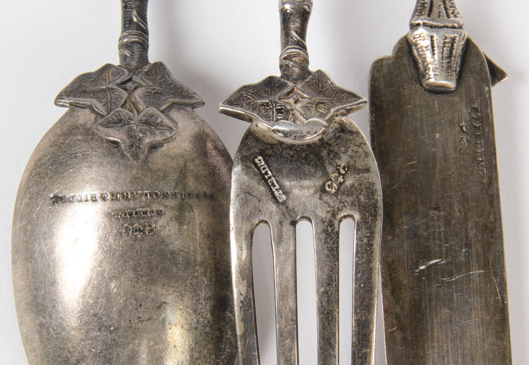 19th C Robbins Clark and Biddle Sterling Table Setting. Knife, spoon and fork in bird nest motif. - Image 5 of 5