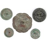 5 Antique Chinese Bronze Mirrors, archaic style, attributed to Song, Han and Tang Dynasties. Largest