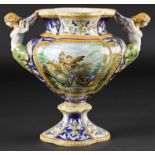 Italian Majolica Urn, Double-Handled, repairs to the base. Size: 15.5" x 17" x 11" (39 x 43 x 28