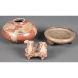 Pre-Columbian Artifacts.  3 articles, a jar, a footed tray and an anthropomorphic holder. Size: 4" x