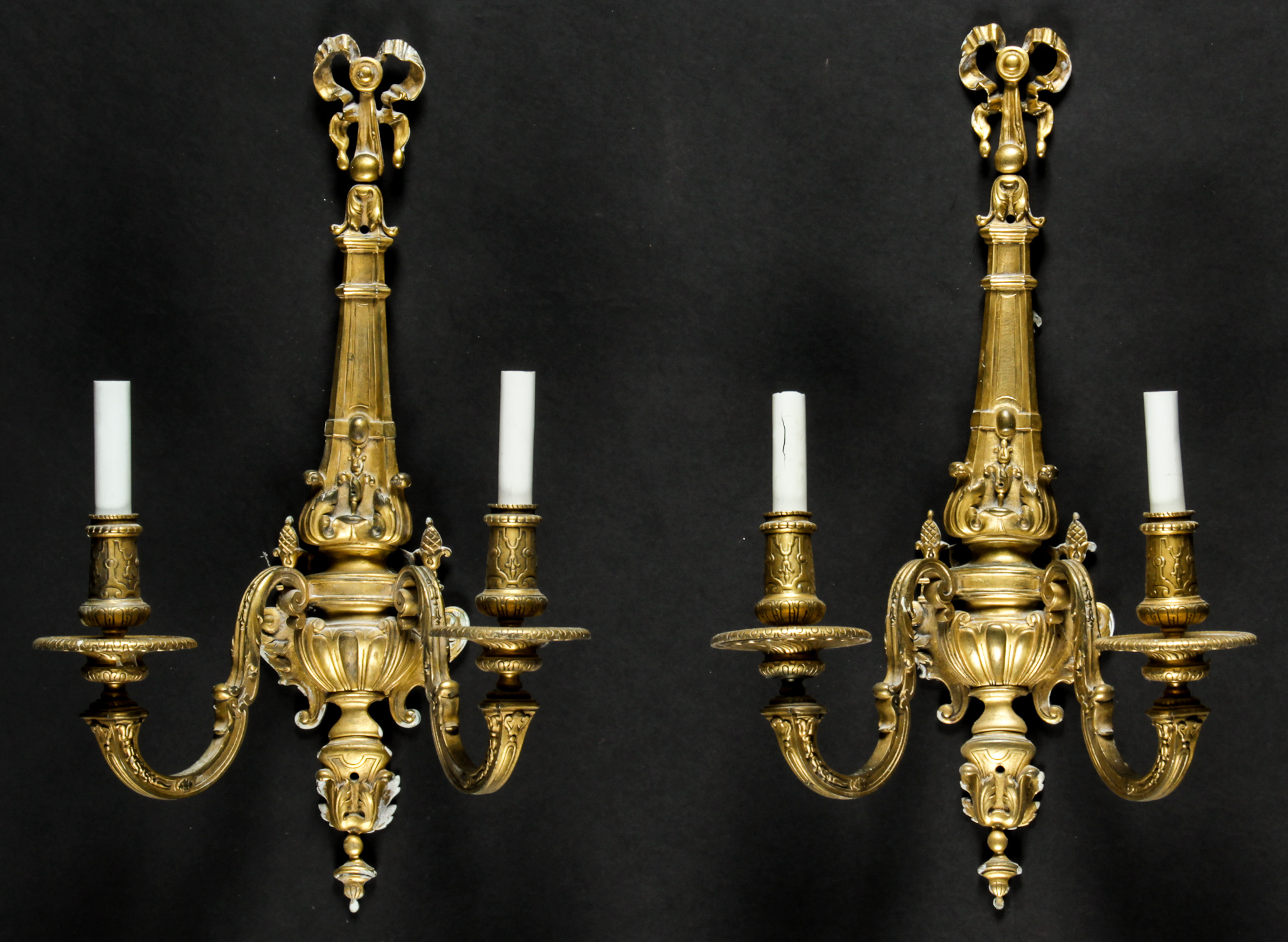 Pair Regency Style Gilt Bronze Sconces. Each Size: 21" x 12.5" x 7" (53 x 32 x 18 cm). Provenance: