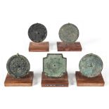 5 Antique Chinese Bronze Mirrors, archaic style, attributed to Song, Han and Tang Dynasties. Largest