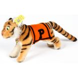 Rare Steiff Princeton Tiger. With original tags. Size: 4" x 2.25" x 10.5" (10 x 6 x 27 cm).