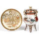 2 Antique Japanese Satsuma and Seto Items: A fine 19th century satsuma earthenware plate depicting