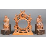 Black Forest Style Mantle Clock Case and 2 Carved figures. Size: 12" x 10.5" x 3", 30 x 27 x 8 cm (