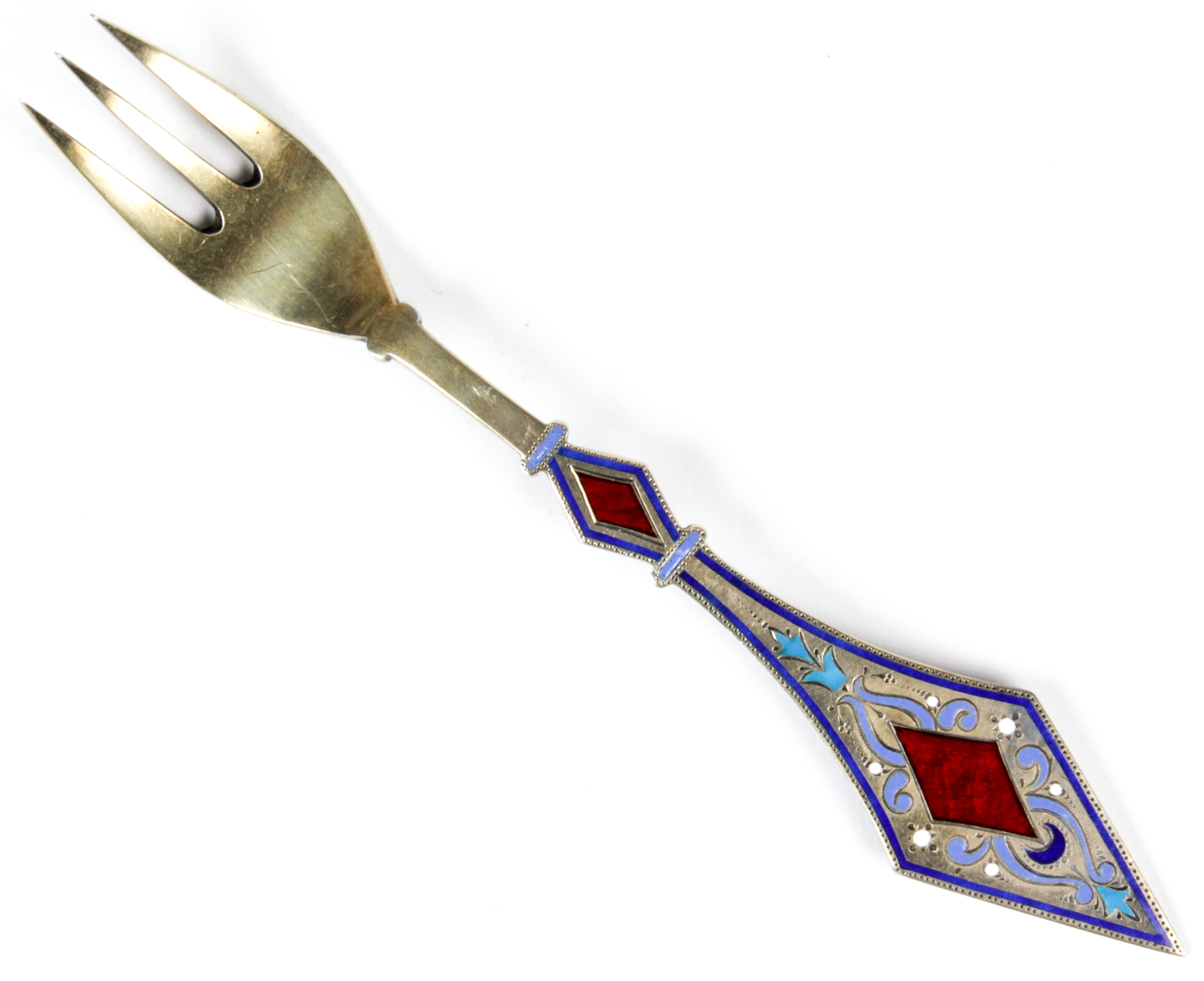 Russian Enamel Spoon Marked 88 AK. Possibly by Antip Kuzmichev. Size: 5.75", 15 cm (length).