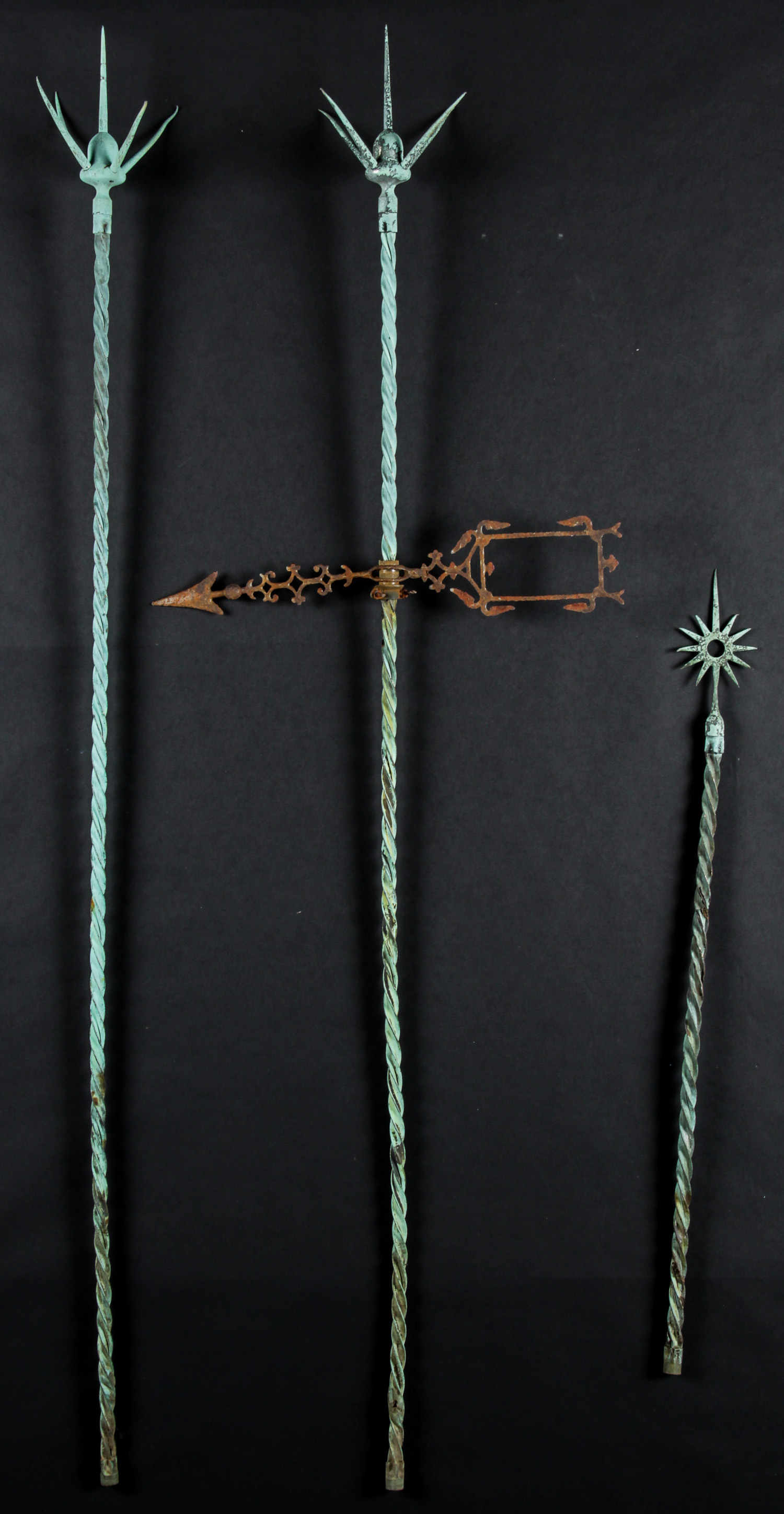 3 Antique Lightning Rods. 1 stamped RHCo. Largest size: 67" (170 cm) length. Provenance: Kristina