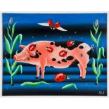 Erich Staub (Swiss, b. 1942) Pink Pig with Lady Bugs, oil painting on canvas. Size: 31.5" x 39.5",