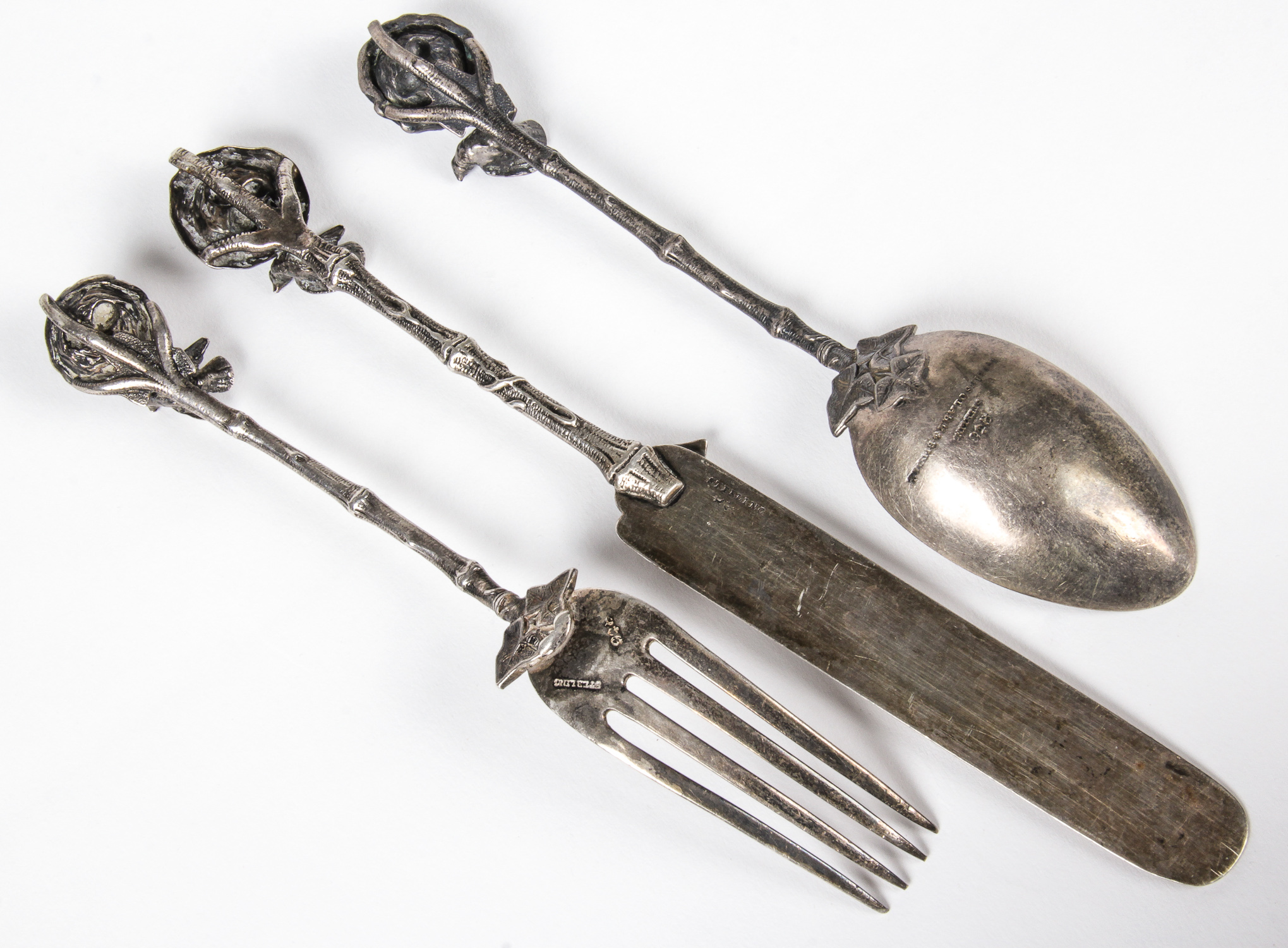 19th C Robbins Clark and Biddle Sterling Table Setting. Knife, spoon and fork in bird nest motif. - Image 4 of 5