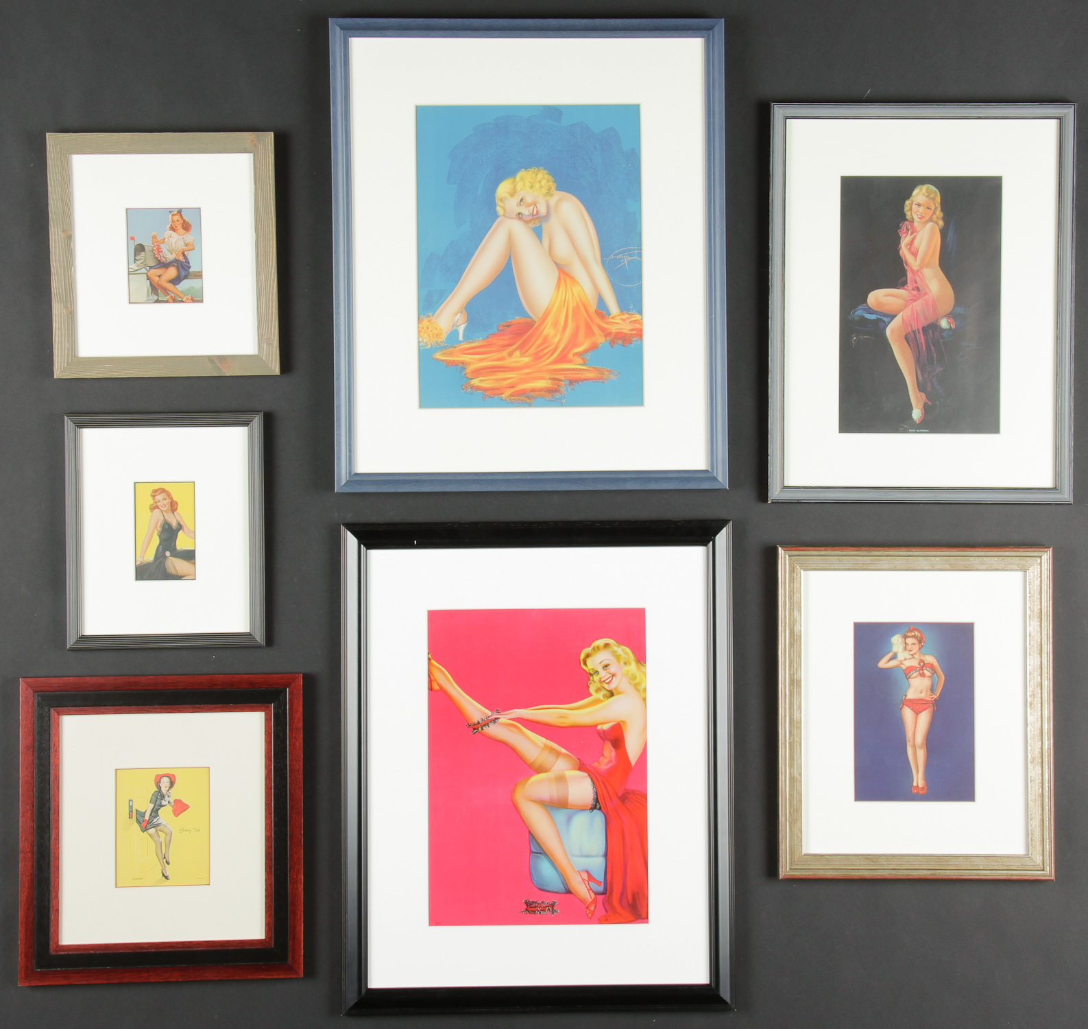 Group of 7 Vintage Framed Pinups: including Elvgren and more; each professionally framed. Ranging in