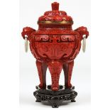 Chinese Cinnabar Censer. With jade or hardstone ring handles. Size: 12" x 9" x 8" (36 x 23 x 20 cm);