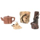 4 Chinese Yixing Items: Comprised of a figural carving of Li Bai, a tree trunk form bitong, a root