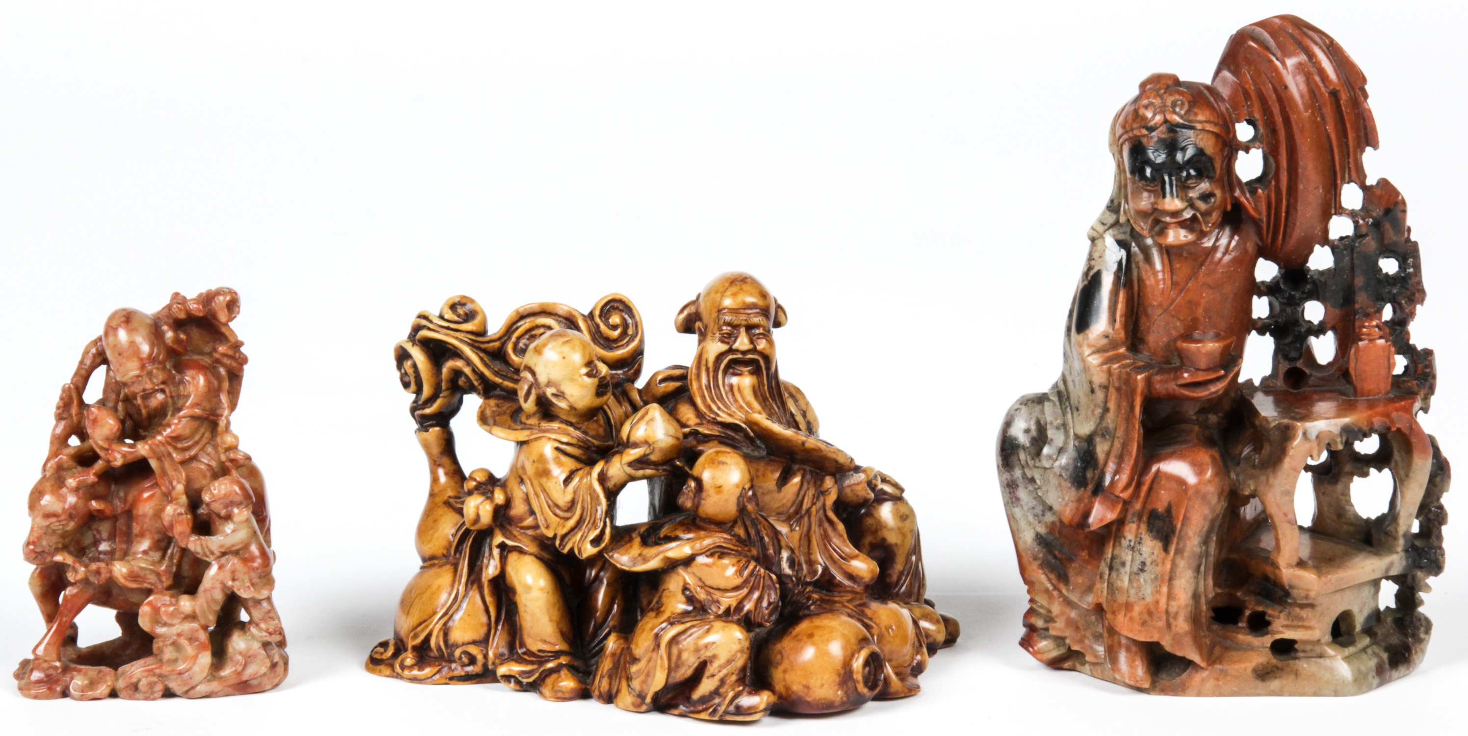 3 Chinese Stone Carvings, Qing Dynasty:  Including a  carved grouping depicting a seated Shoulao