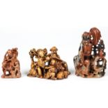 3 Chinese Stone Carvings, Qing Dynasty:  Including a  carved grouping depicting a seated Shoulao