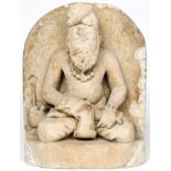 Indian Sandstone Carving of Seated Deity, Kubera, 11th-12th C. Size: 17.5" x 14" x 6" (44 x 36 x