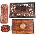 4 Antique Chinese Trays/Box: A Chinese gilt and polychromed red lacquer tray, Qing dynasty; A