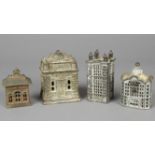 4 Cast Iron Bank Building Still Banks. Size: 6" x 4.5" x 3.5", 15 x 11 x 9 cm (largest). Provenance: