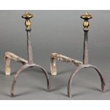 18th C English Andirons.  Cast brass finials on elegant hammered iron legs. Size: 7.5" x 10.5" x 13"