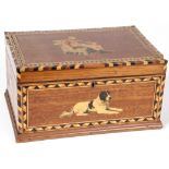 Antique Marquetry and Decoupage Trinket Box. Velvet lined interior with fitted tray. Size: 6.5" x