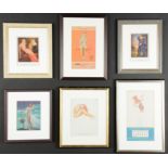 Collection of 6 Vintage Framed Pinups: including Pardon me, miss?; Darling, what difference does age