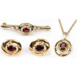 14 K Gold and Gemstone Set with Necklace, Earrings and Pin. Size: 17.75", 45 cm (chain); .75" x .5",