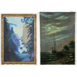 2 Dramatic Night Sky by Water Theme Paintings: 1) R. Larkin (20th c.) Oil Painting. Size: 24" x 20",