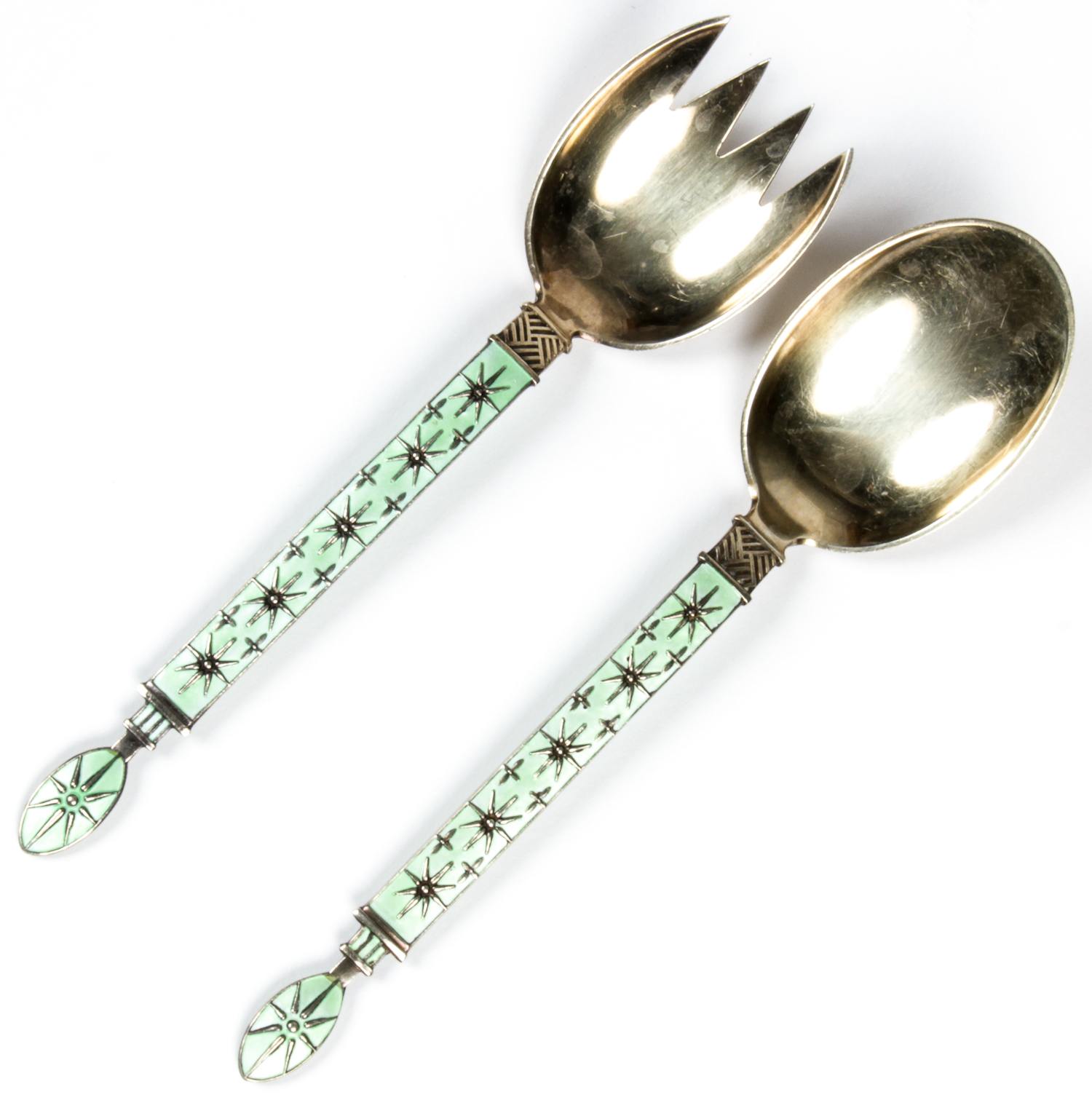 J. Tostrup Norway Yellow Enamel Sterling Salad Set. Both have pal yellow star design with gold wash.