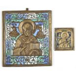 2 Russian Enameled Bronze Icons, including: St. Nicholas and the Virgin Mary (double-sided). Size: