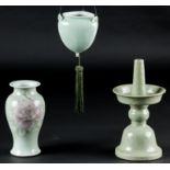 3 Antique Japanese Porcelain and Celadon Items, including a celadon glazed hanging vase; a fine