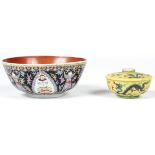 Chinese Enameled Porcelain. 2 pcs comprised of a Qing dynasty enameled black ground bowl for the