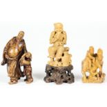 3 Chinese Stone Figural Carvings: Including a whimsical drunken scholar flanked by a disgusted