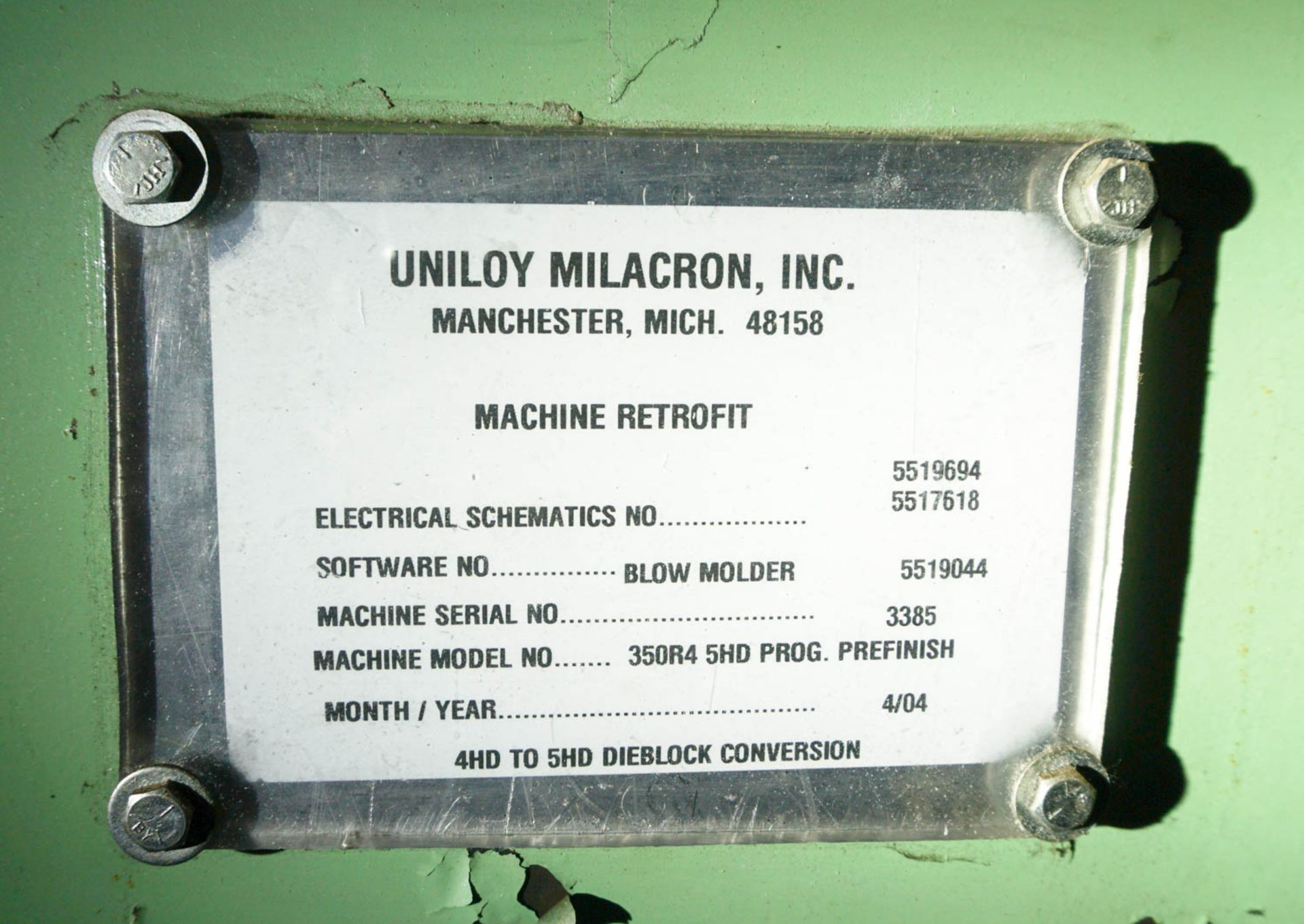 Uniloy 350R4 5HD Prog. Prefinish Blow Molder: 4HD to 5HD Dieblock Conversion performed 4/04, - Image 8 of 16