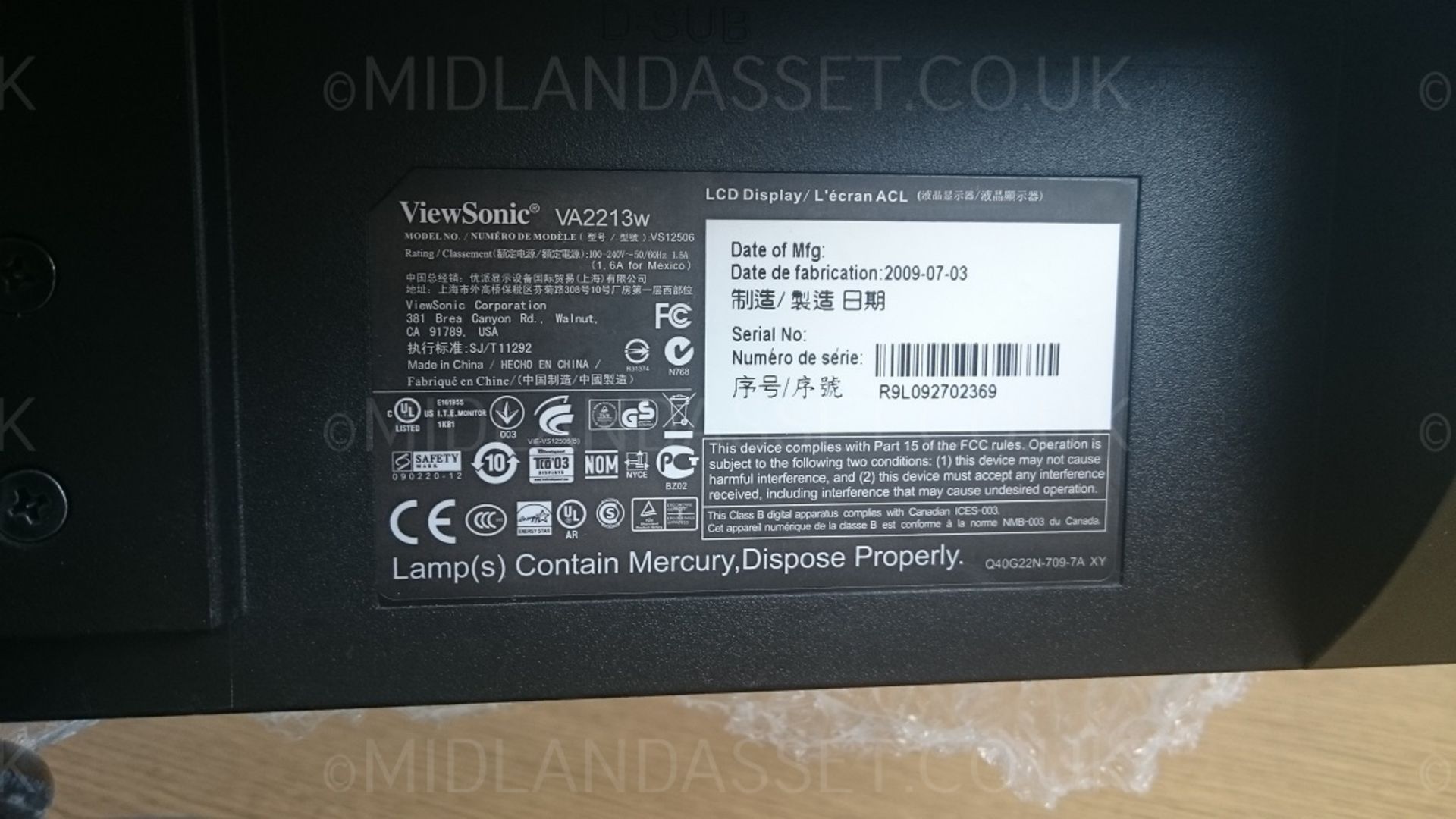 VIEWSONIC 21.5" WIDESCREEN LCD MONITOR VA2213W - Image 3 of 4