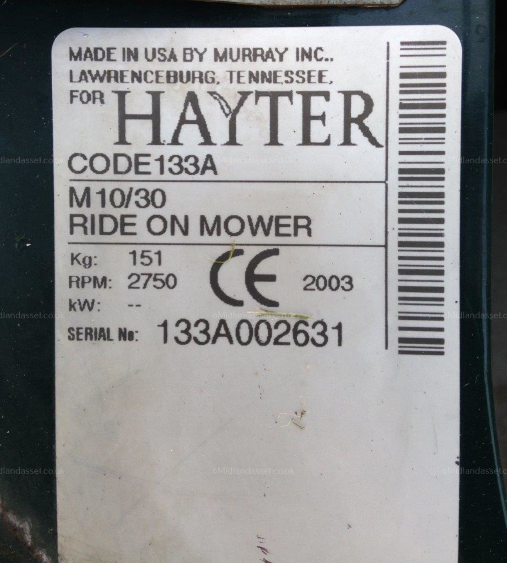 2003 HAYTER HERITAGE M 10/30 RIDE ON LAWN MOWER - Image 5 of 5