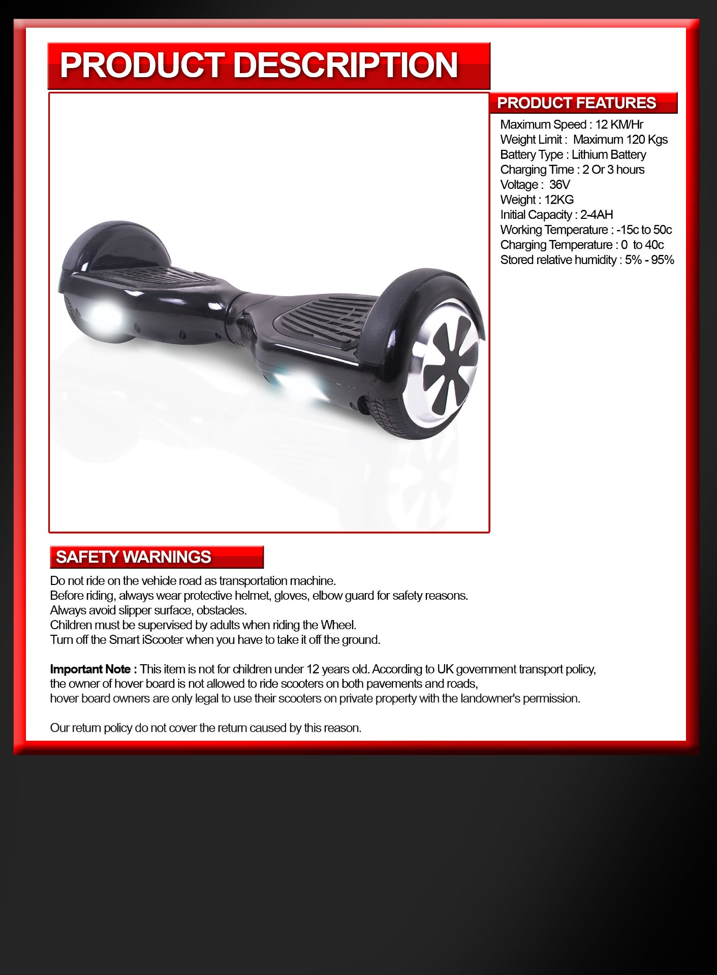 2 WHEEL HOVERBOARD IN BLACK WITH SAMSUNG BATTERY **PERFECT CHRISTMAS PRESENT** - Image 2 of 3