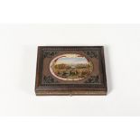 Rectangular lacquered wooden box. Its lid is decorated with typical Russian village scenes. It
