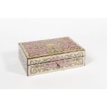 Remarkable sewing box in mother-of-pearl, bronze and wood. The inside covered with blue satin and