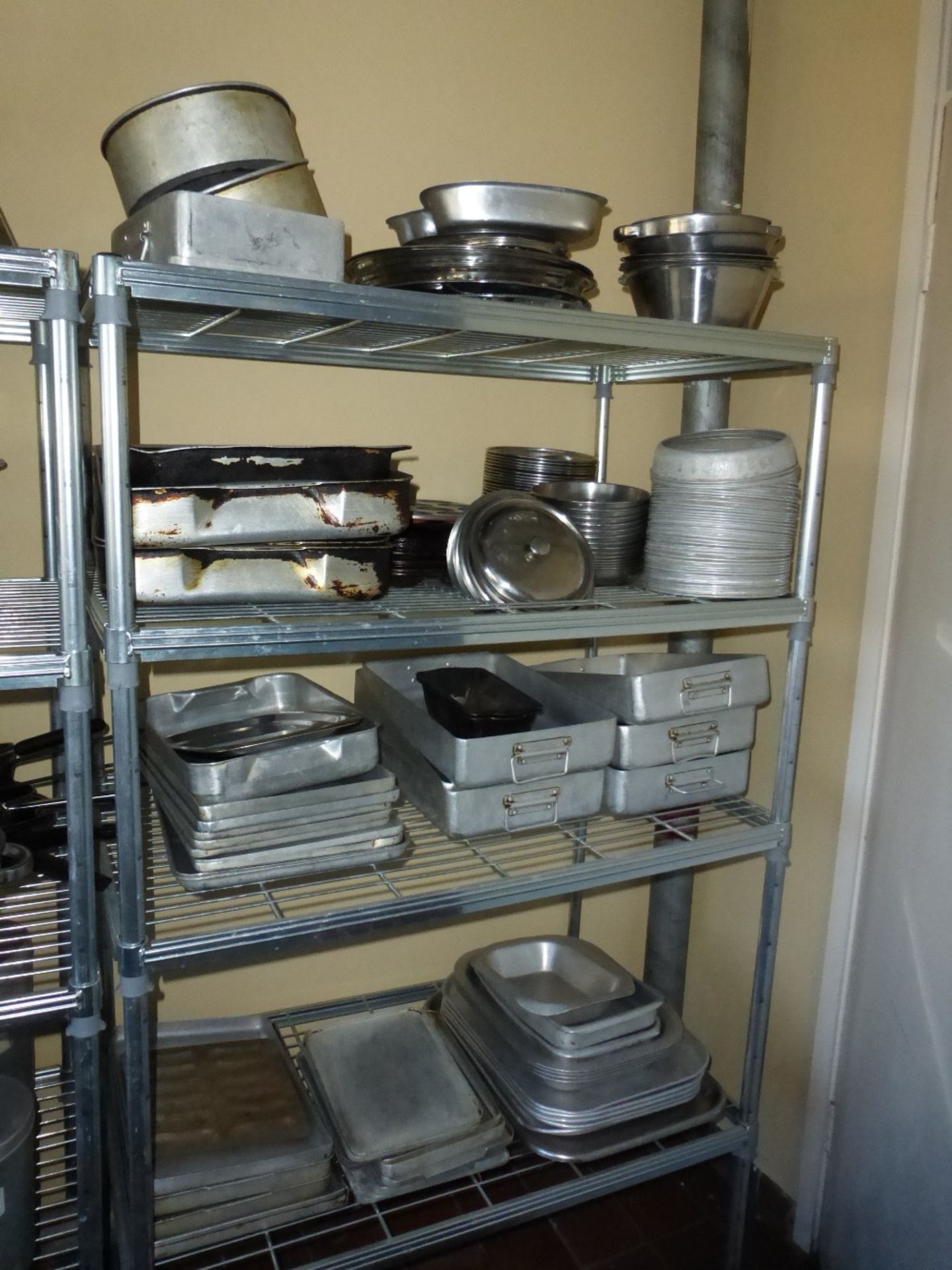 3 metal four tier racks and a large quantity of miscellaneous aluminium pans, colanders, bins and - Image 3 of 4