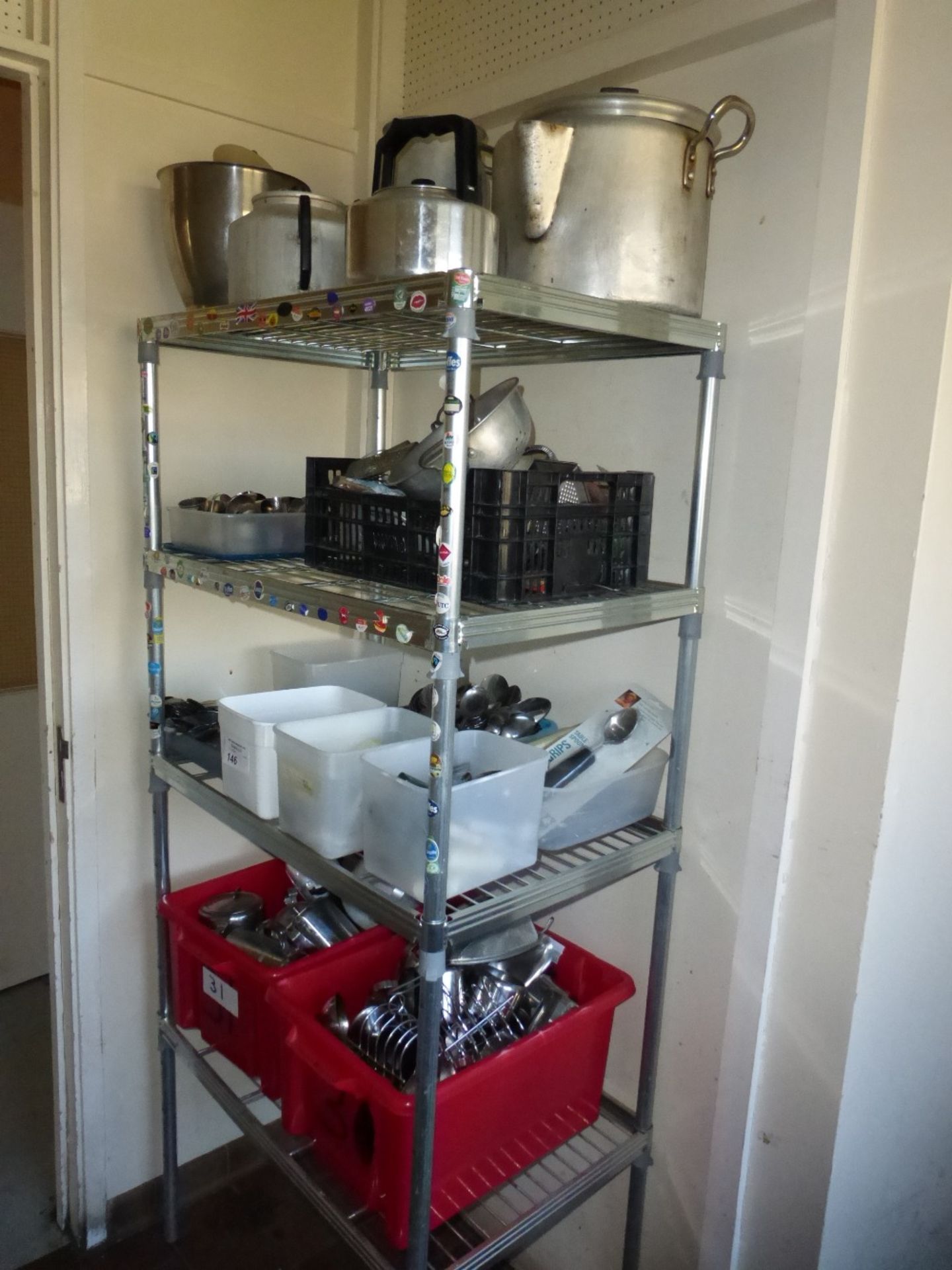 3 metal four tier racks and a large quantity of miscellaneous aluminium pans, colanders, bins and - Image 2 of 4