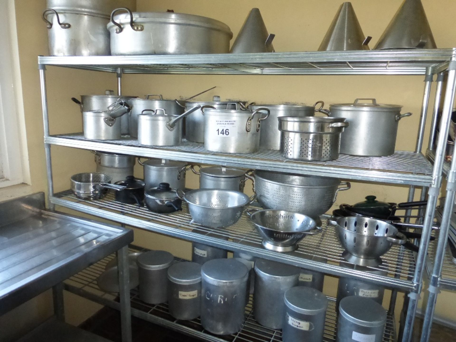 3 metal four tier racks and a large quantity of miscellaneous aluminium pans, colanders, bins and - Image 4 of 4