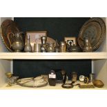 NV- a qty of various metal ornaments incl. pewter jugs / tankards, a cobblers last etc. Contents