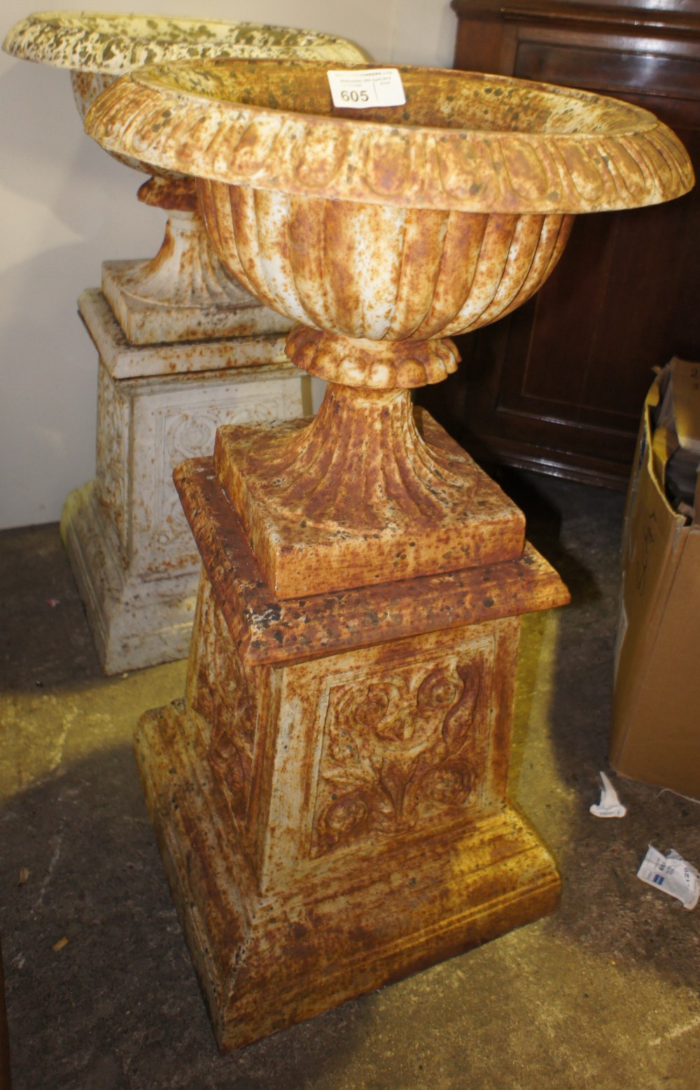 NV- A pair of decorative classical design cast iron garden urns