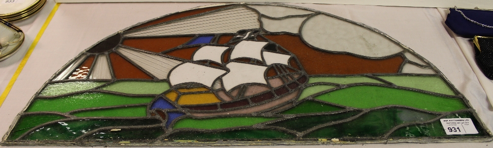 NV- a semicircular leaded stained glass panel of a ship - Image 2 of 2